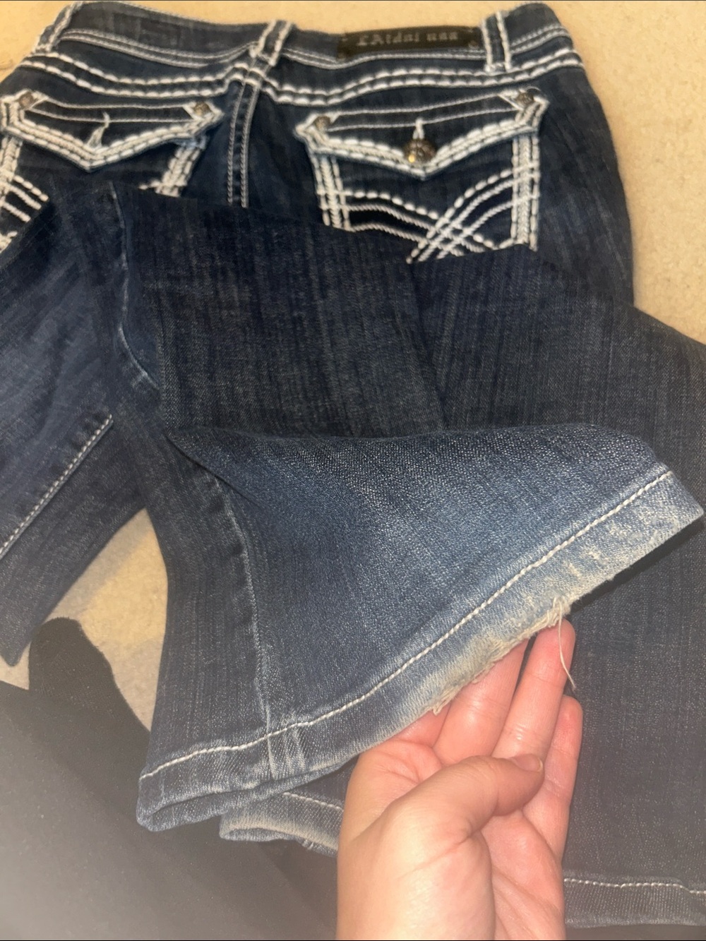 LA IDOL Jeans Dark Blue Flared Women's denim Vintage White Contrast Stitching - Picture 7 of 7